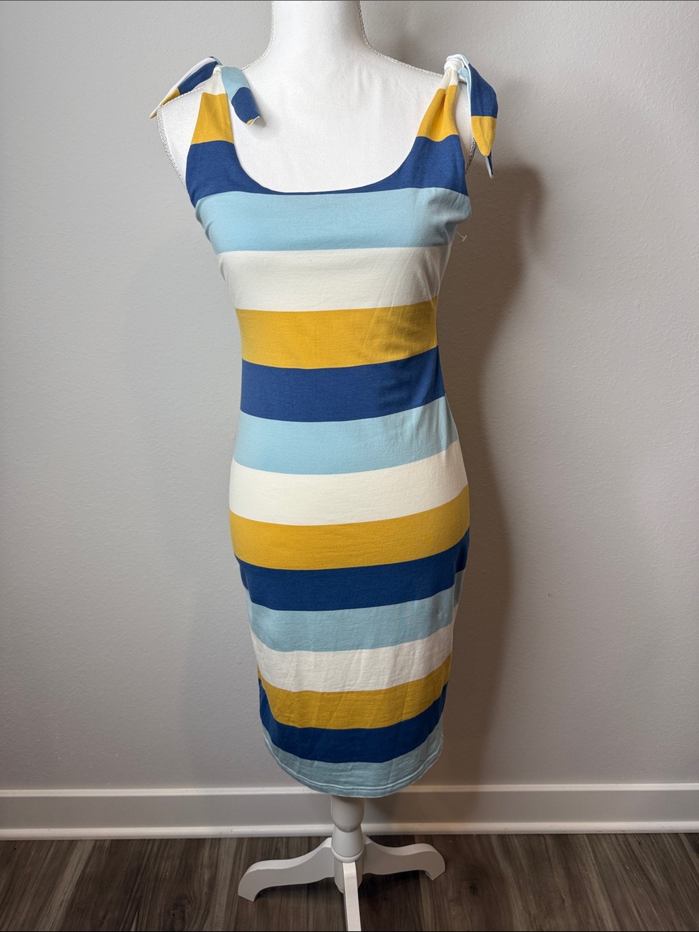 Main Strip Blue, Yellow & White Striped Tie-Shoulder Midi Dress Beach Small